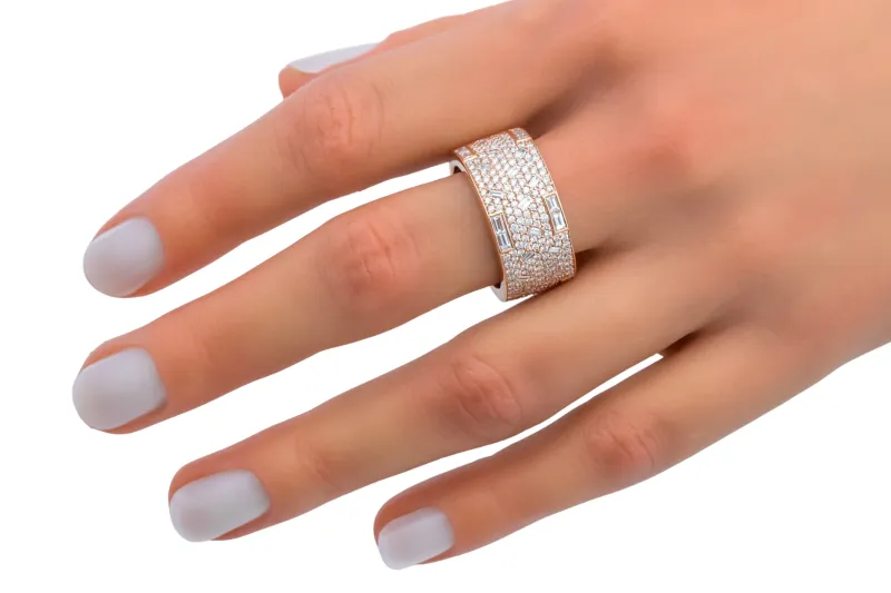 9ct Rose Gold Natural Diamond Baguette & Brilliant Cut Ring 1.58ct F VS Size O 10.6g