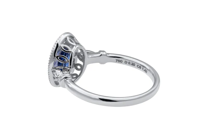 18ct White Gold Oval Sapphire & Natural Diamond Ring 1.42ct Sapphire 0.20ct D VVS1 Size O