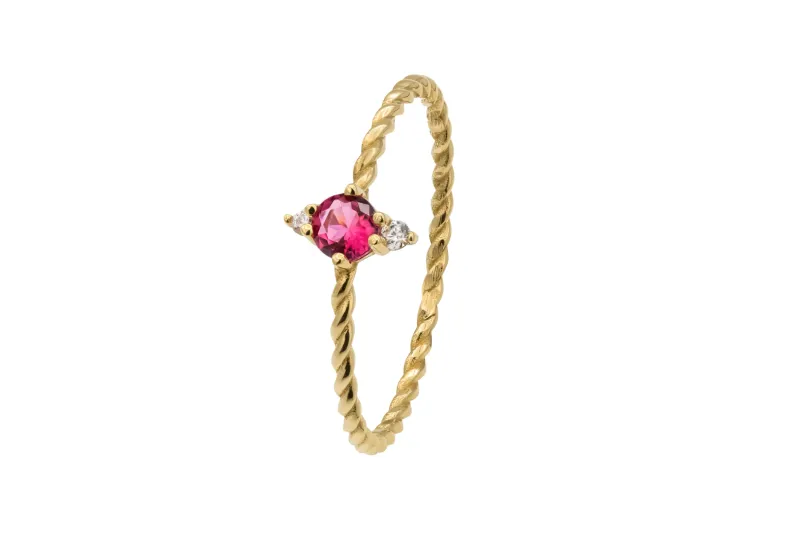 14ct Yellow Gold Pink & White Cubic Zirconia Three Stone Twist Ring Size O½ 0.9g