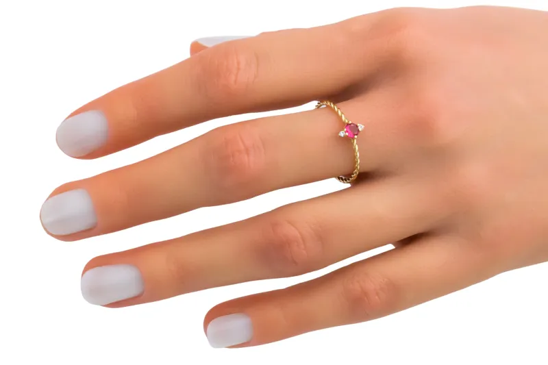 14ct Yellow Gold Pink & White Cubic Zirconia Three Stone Twist Ring Size O½ 0.9g