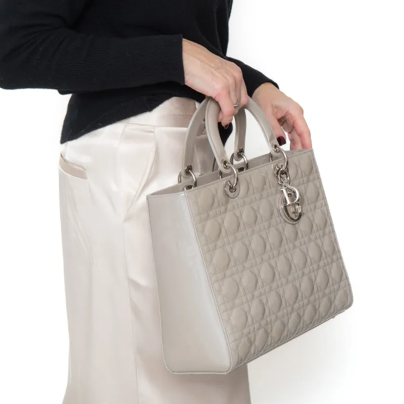 Dior Large Lady Dior Grey Patent Leather Bag