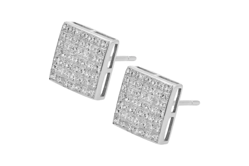 18ct White Gold Invisible Set Princess Diamond Stud Earrings