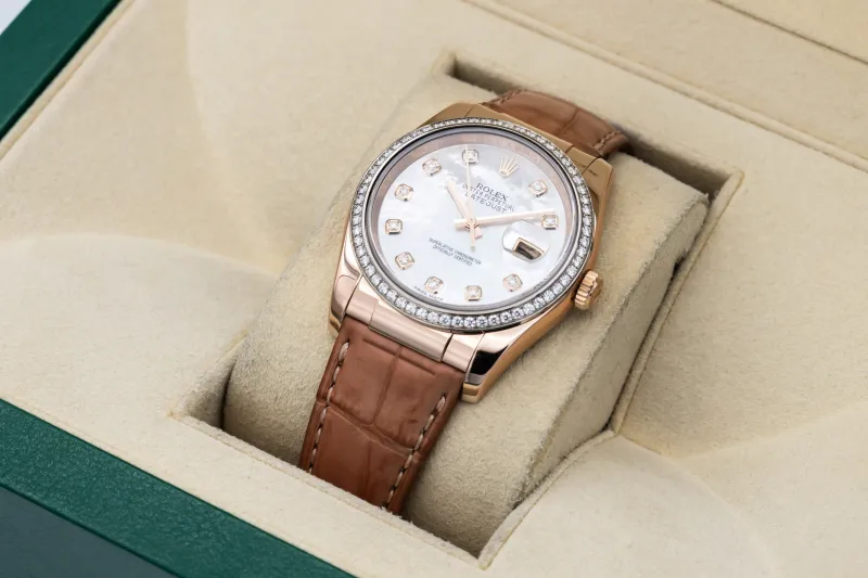 Rolex DateJust 36mm 18ct Rose Gold Brown Leather 116185 2016