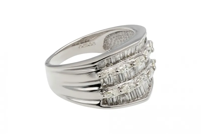 14ct White Gold Baguette & Marquise Cut Diamond Statement Ring 1.25ct