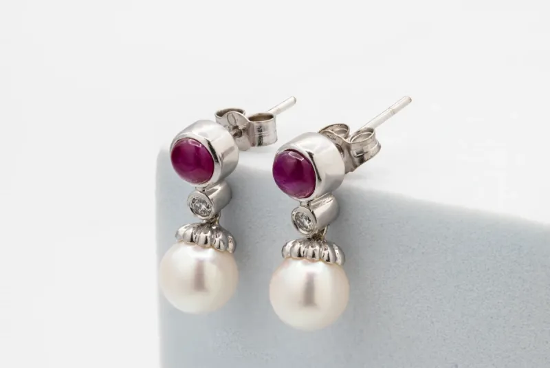 18ct White Gold Diamond, Ruby & Pearl Drop Down Stud Earrings 0.10ct