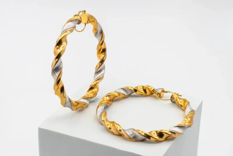 9ct Yellow & White Gold Twisted Hoop Earrings 15.3g