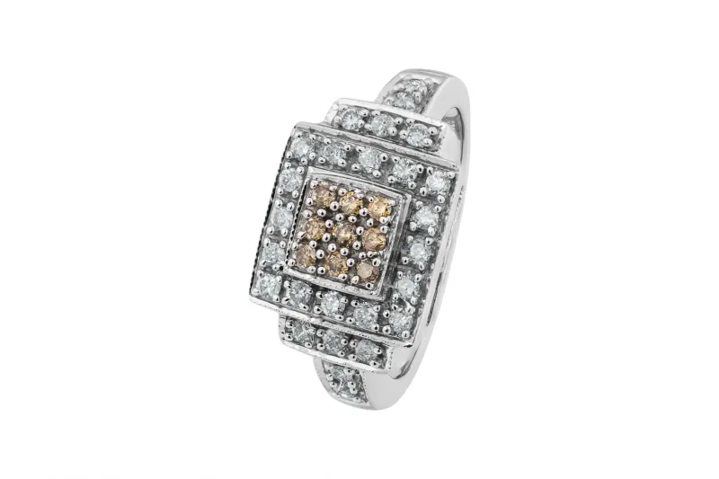 9ct White Gold White & Chocolate Diamond Square Ring 0.35ct 5.3g
