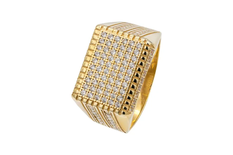 9ct Yellow Gold Mens Cubic Zirconia Rectangular Signet Ring 7.2g