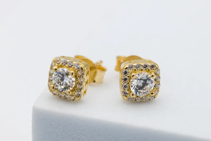 9ct Yellow Gold Cubic Zirconia Halo Square Stud Earrings 1.6g