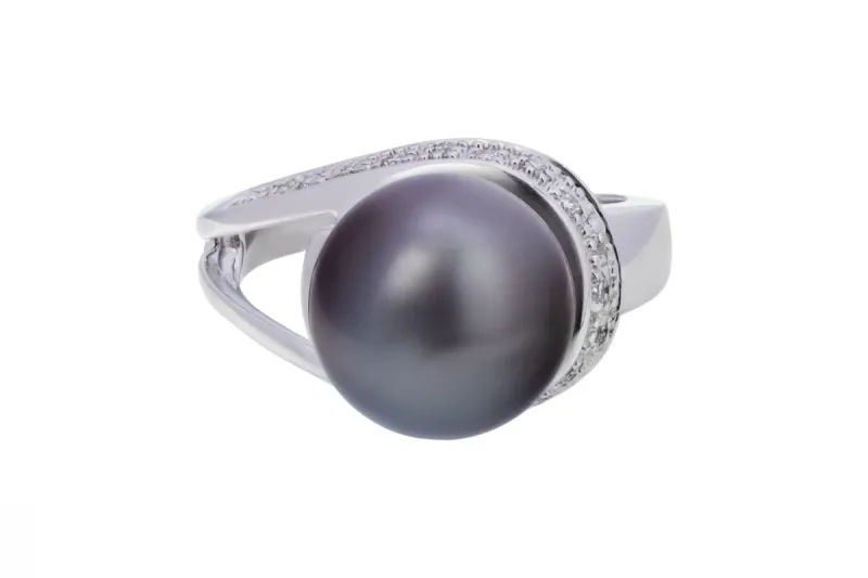 9ct White Gold Diamond & Cultured Tahitian Black Pearl Ring 5.6g