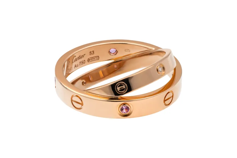 Cartier LOVE Double Ring Pink Sapphire Rose Gold Ring Size 53
