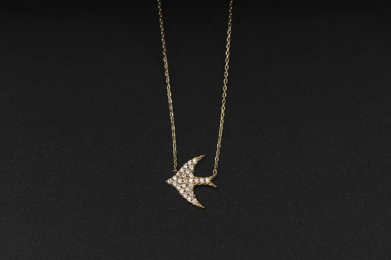 14ct Yellow Gold Cubic Zirconia Bird Necklace 18" 1.78g