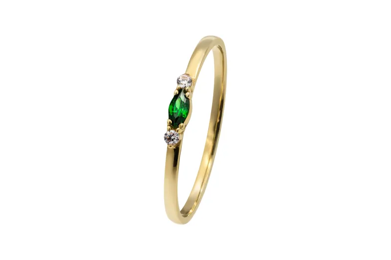 14ct Yellow Gold Trio Marquise Green and White Cubic Zirconia Ring 1g