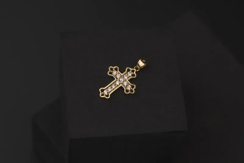 14ct Yellow Gold Mini Cubic Zirconia Cross Pendant 25mm 1.7g