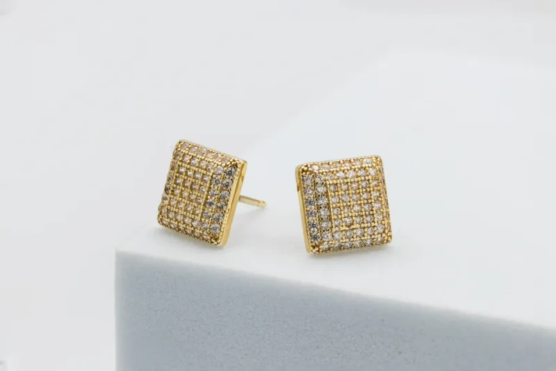 9ct Yellow Gold CZ Square Cluster Stud Earrings 2.2g