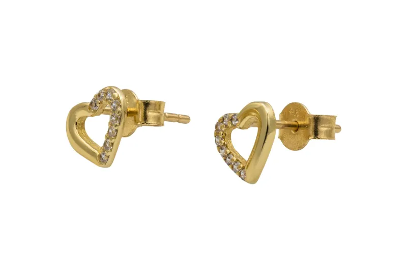 9ct Yellow Gold Medium Half Cubic Zirconia Heart Stud Earrings 0.9g