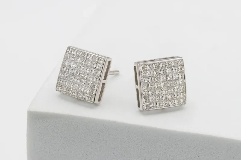 18ct White Gold Invisible Set Princess Diamond Stud Earrings