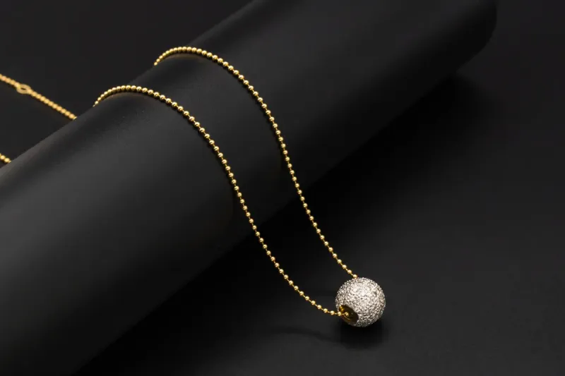 18ct Yellow Gold Diamond Ball Pendant Necklace 16" 7.8g