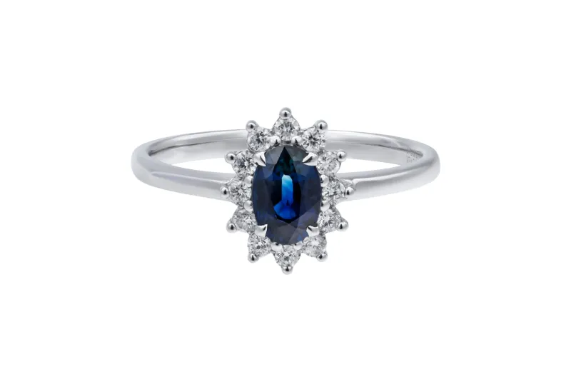 18ct White Gold Sapphire Diamond Halo Ring