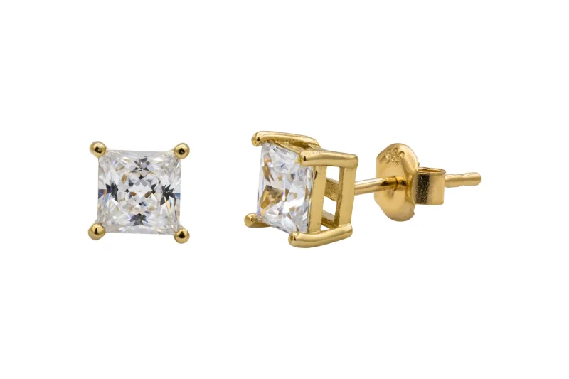 9ct Yellow Gold Medium Princess Cut Cubic Zirconia Stud Earrings 1.7g