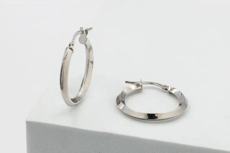 9ct White Gold Knife Edge Hoop Earrings 1.3g