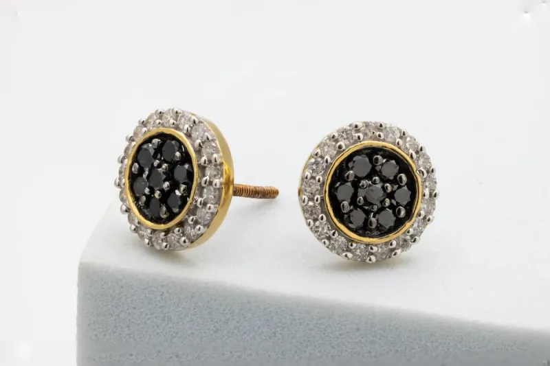 9ct Yellow Gold Black & White Diamond Circle Stud Earrings  1.00ct