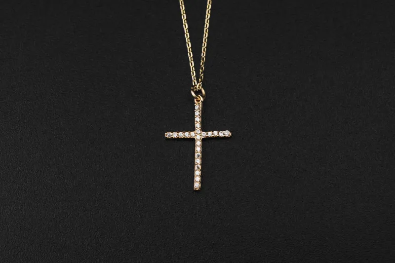 14ct Yellow Gold Cubic Zirconia Cross Necklace 18"