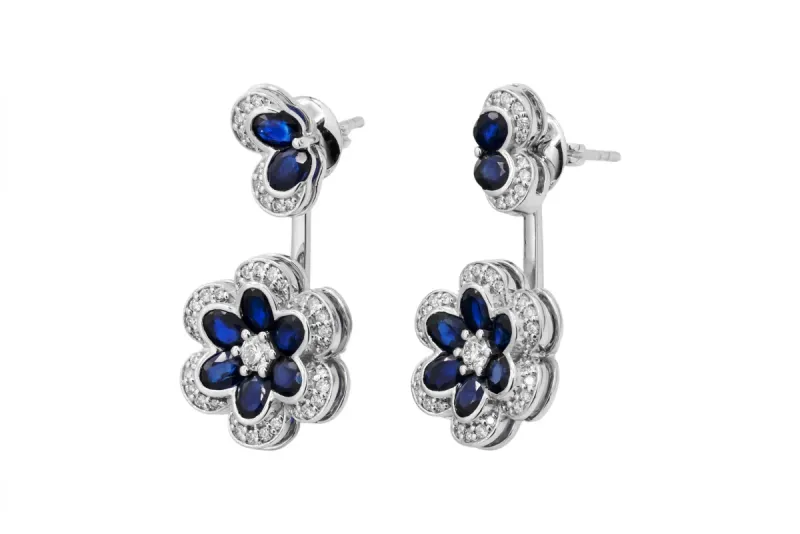 18ct White Gold Sapphire & Round Brilliant Diamond Flower Jewellery Set