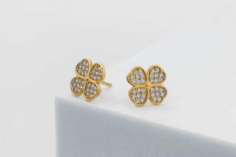 9ct Yellow Gold CZ Clover Stud Earrings 2.1g