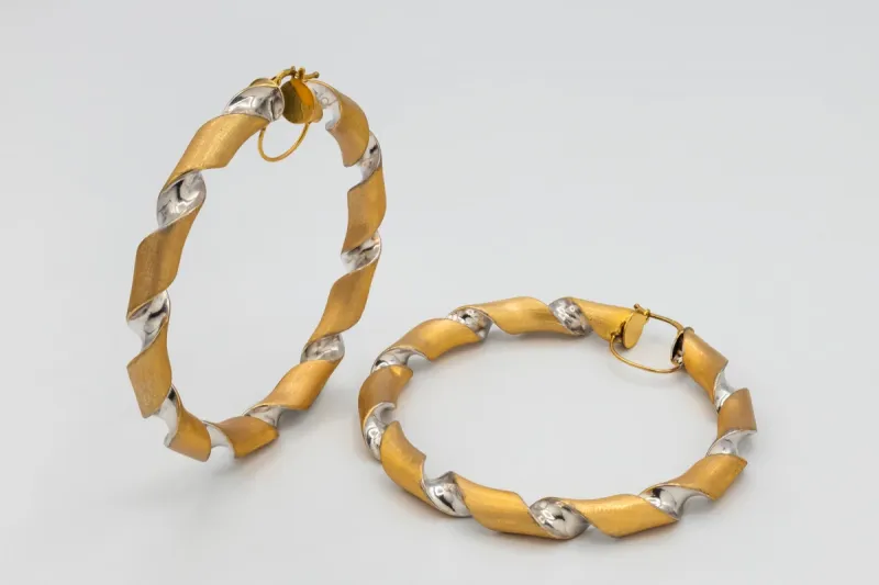 9ct Yellow Gold Twisted Hoop Earrings With Rhodium Inlay 13.1g