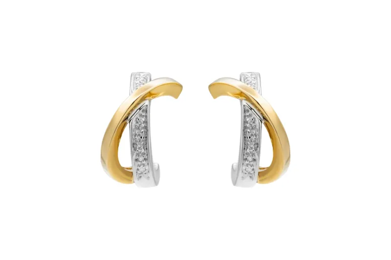 14ct Yellow & White Gold Diamond Cross Over Half Hoop Earrings 0.15ct
