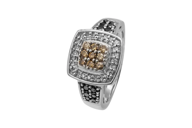 14ct White Gold Cognac, White & Black Diamond Mens Ring 0.70ct