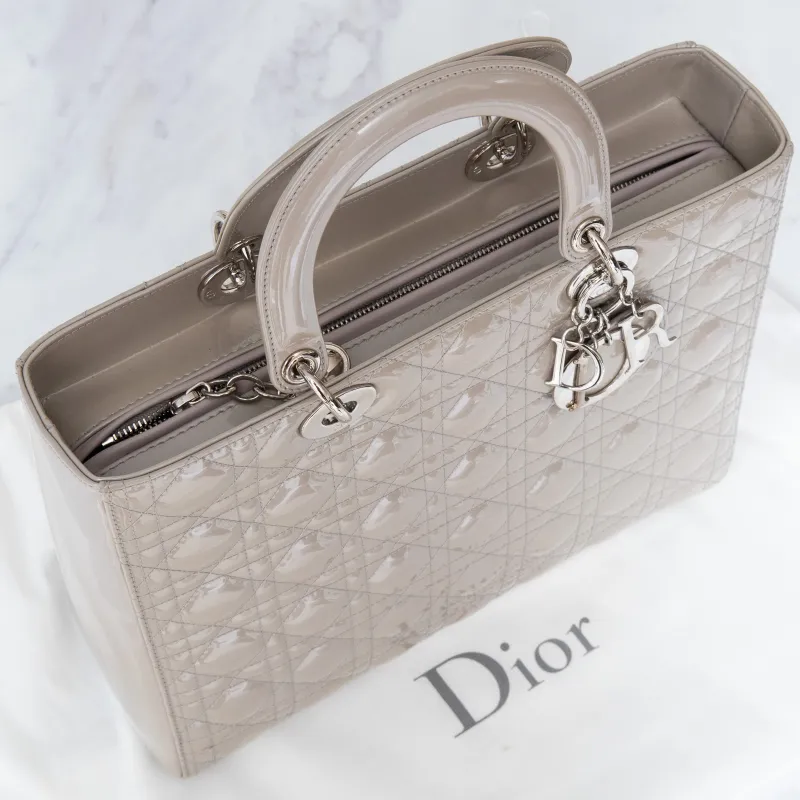 Dior Large Lady Dior Grey Patent Leather Bag