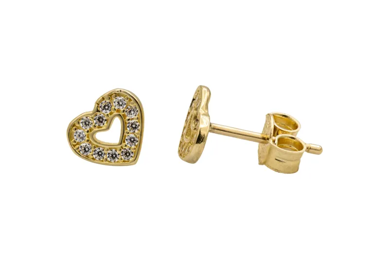 9ct Yellow Gold Small Full Cubic Zirconia Heart Stud Earrings 0.9g