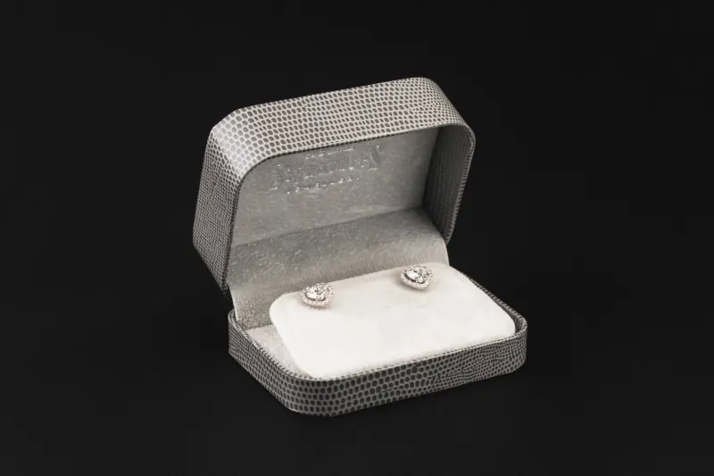 David Morris 18ct White Gold Heart Shape Halo Stud Earrings 1.41ct GIA Certified