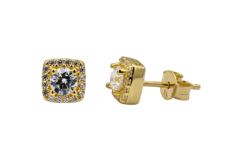9ct Yellow Gold Cubic Zirconia Halo Square Stud Earrings 1.6g