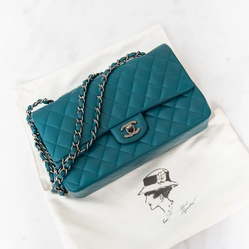 Chanel Classic Quilted Medium Double Flap Teal Lambskin Leather Bag
