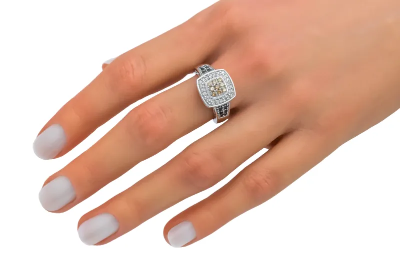 14ct White Gold Cognac, White & Black Diamond Mens Ring 0.70ct