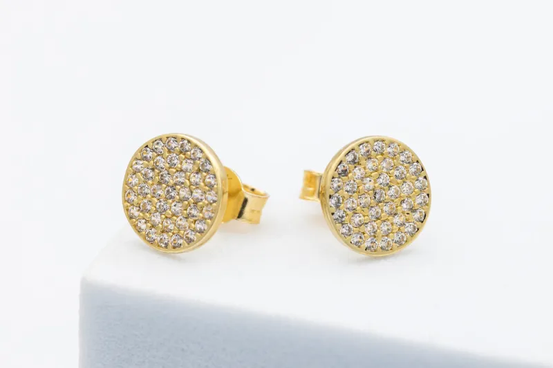 9ct Yellow Gold Pavé Cubic Zirconia Flat Round Stud Earrings 1.5g