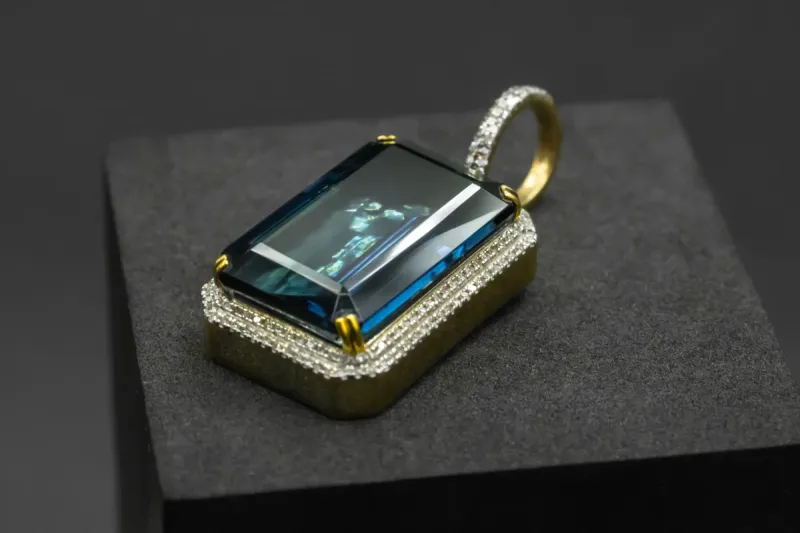 9ct Yellow Gold Double Diamond Halo Blue Stone Pendant