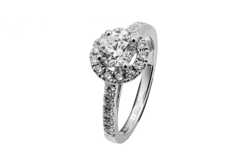 Platinum Halo Diamond Engagement Ring With Pavé Band 1.11ct