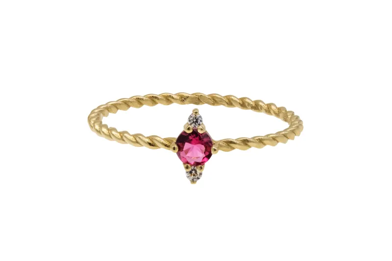 14ct Yellow Gold Pink & White Cubic Zirconia Three Stone Twist Ring Size O½ 0.9g