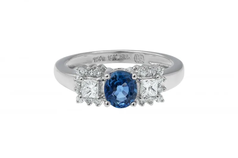18ct White Gold Sapphire & Diamond Three Stone Ring 0.78ct