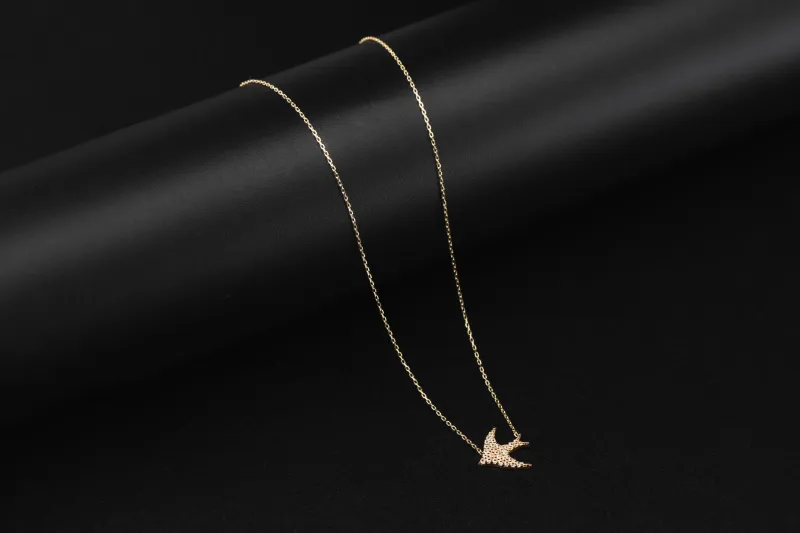 14ct Yellow Gold Cubic Zirconia Bird Necklace 18" 1.78g
