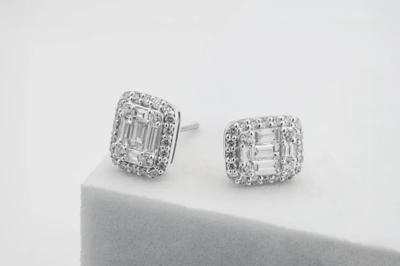 9ct White Gold Baguette & Round Diamond Stud Earrings 0.71ct