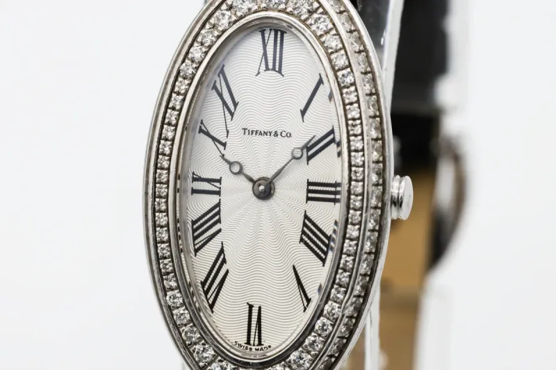 Tiffany & Co Cocktail Watch 22x35mm 18ct White Gold Black Leather Circa 1990s
