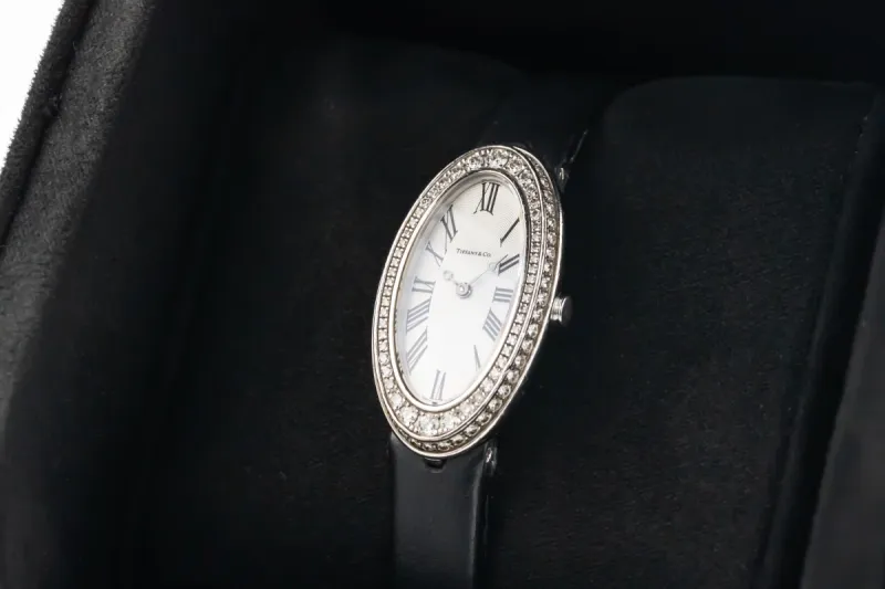 Tiffany & Co Cocktail Watch 22x35mm 18ct White Gold Black Leather Circa 1990s