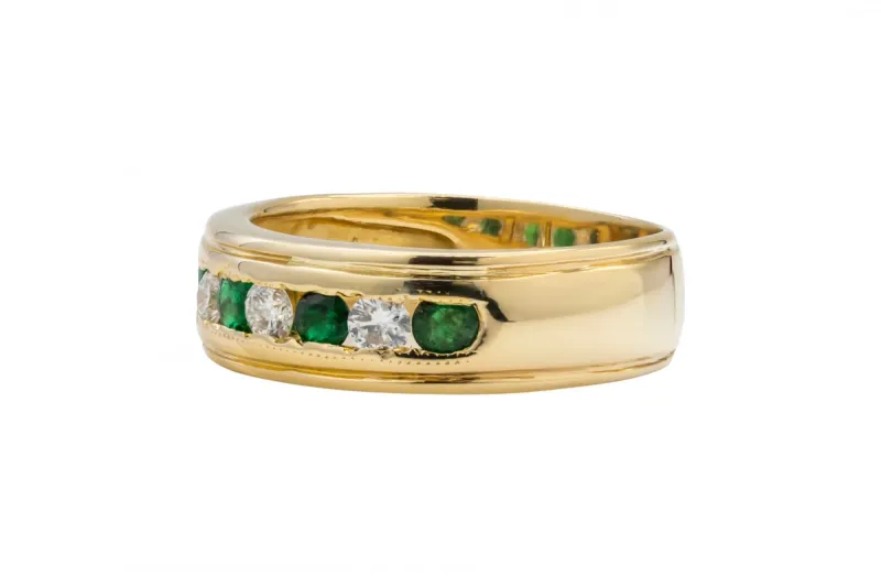 9ct Yellow Gold Channel Set Diamond And Emerald Ring 0.40ct