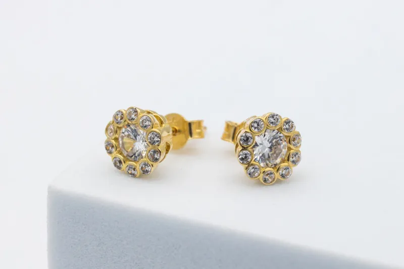 9ct Yellow Gold Cubic Zirconia Halo Round Stud Earrings 2.1g