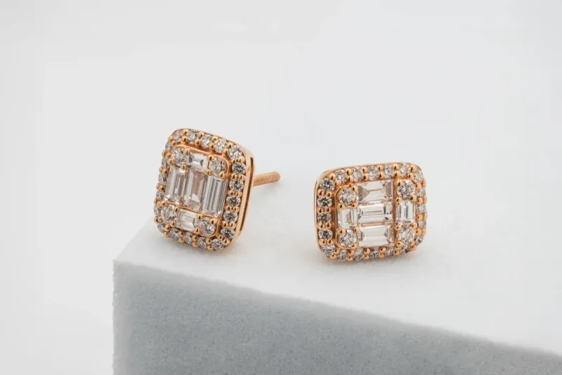 18ct Rose Gold Baguette & Halo Diamond Stud Earrings 0.71ct
